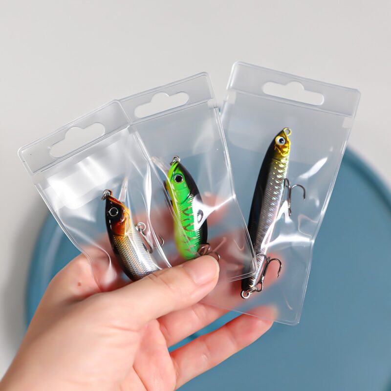Clear PVC fishing lure packaging bags with hang holes for retail display