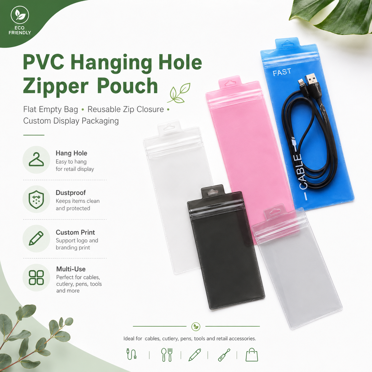 PVC Hanging Hole Zipper Pouch for Beauty Tools & Accessories Packaging