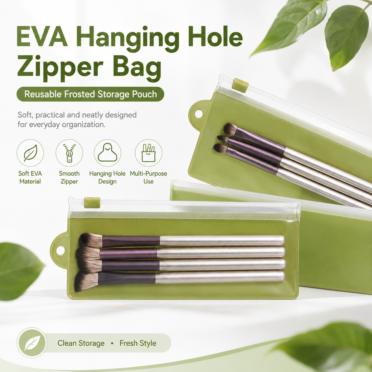 Eva Green Right Hanging Hole Slider Zipper Bag for Makeup Brush Storage