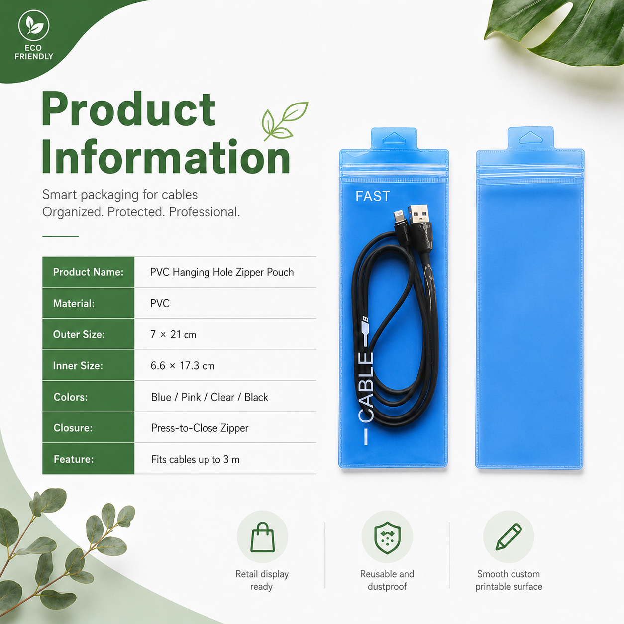 PVC Hanging Hole Zipper Pouch for Beauty Tools & Accessories Packaging