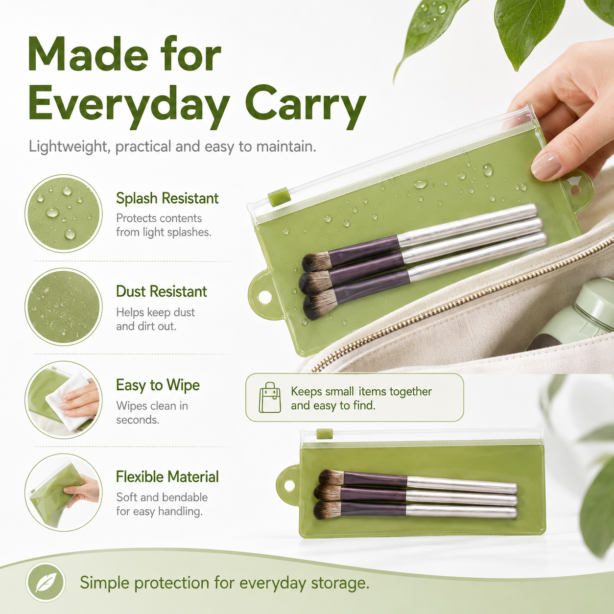 Eva Green Right Hanging Hole Slider Zipper Bag for Makeup Brush Storage