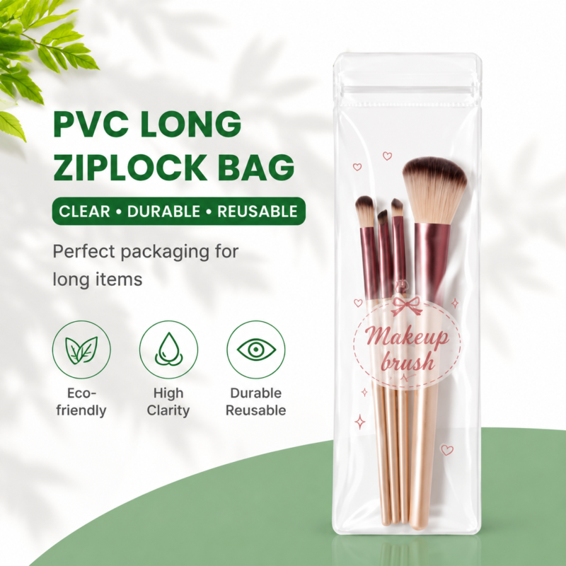 Clear PVC Long Resealalbe Bags for Makeup Brush Packaging | Cosmetic Tools Storage Ziplock Pouches