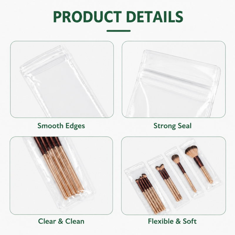 Clear PVC Long Resealalbe Bags for Makeup Brush Packaging | Cosmetic Tools Storage Ziplock Pouches