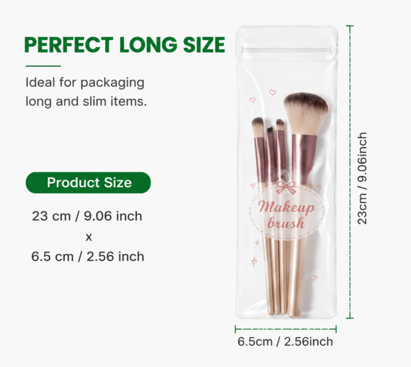 Clear PVC Long Resealalbe Bags for Makeup Brush Packaging | Cosmetic Tools Storage Ziplock Pouches