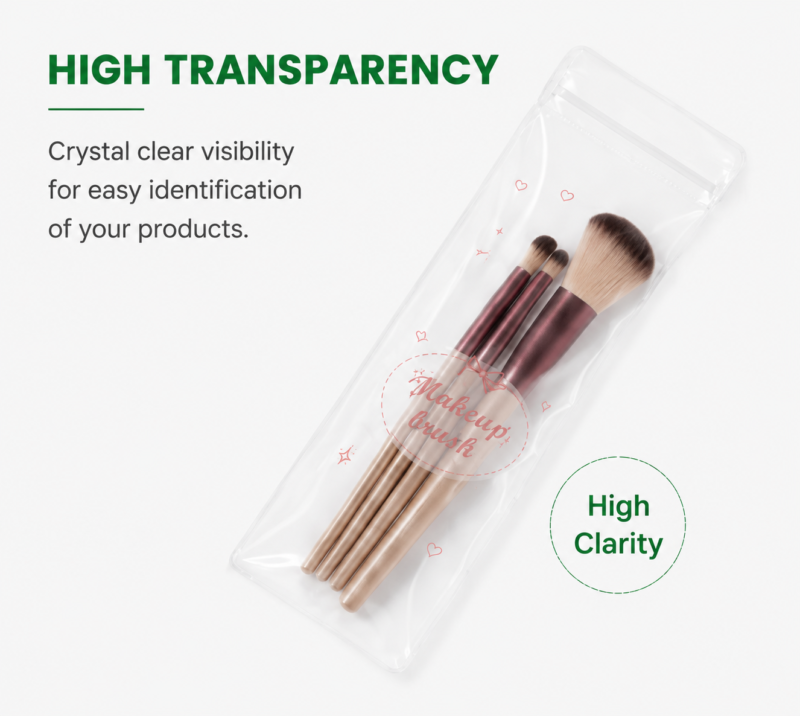 Clear PVC Long Resealalbe Bags for Makeup Brush Packaging | Cosmetic Tools Storage Ziplock Pouches