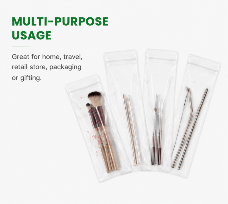 Clear PVC Long Resealalbe Bags for Makeup Brush Packaging | Cosmetic Tools Storage Ziplock Pouches