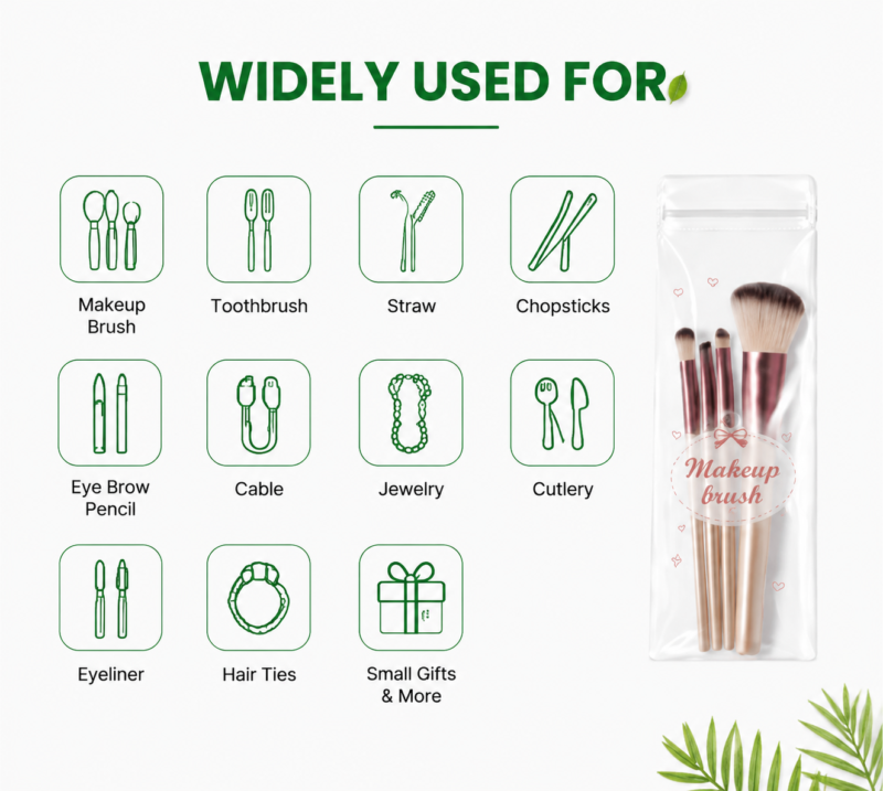 Clear PVC Long Resealalbe Bags for Makeup Brush Packaging | Cosmetic Tools Storage Ziplock Pouches