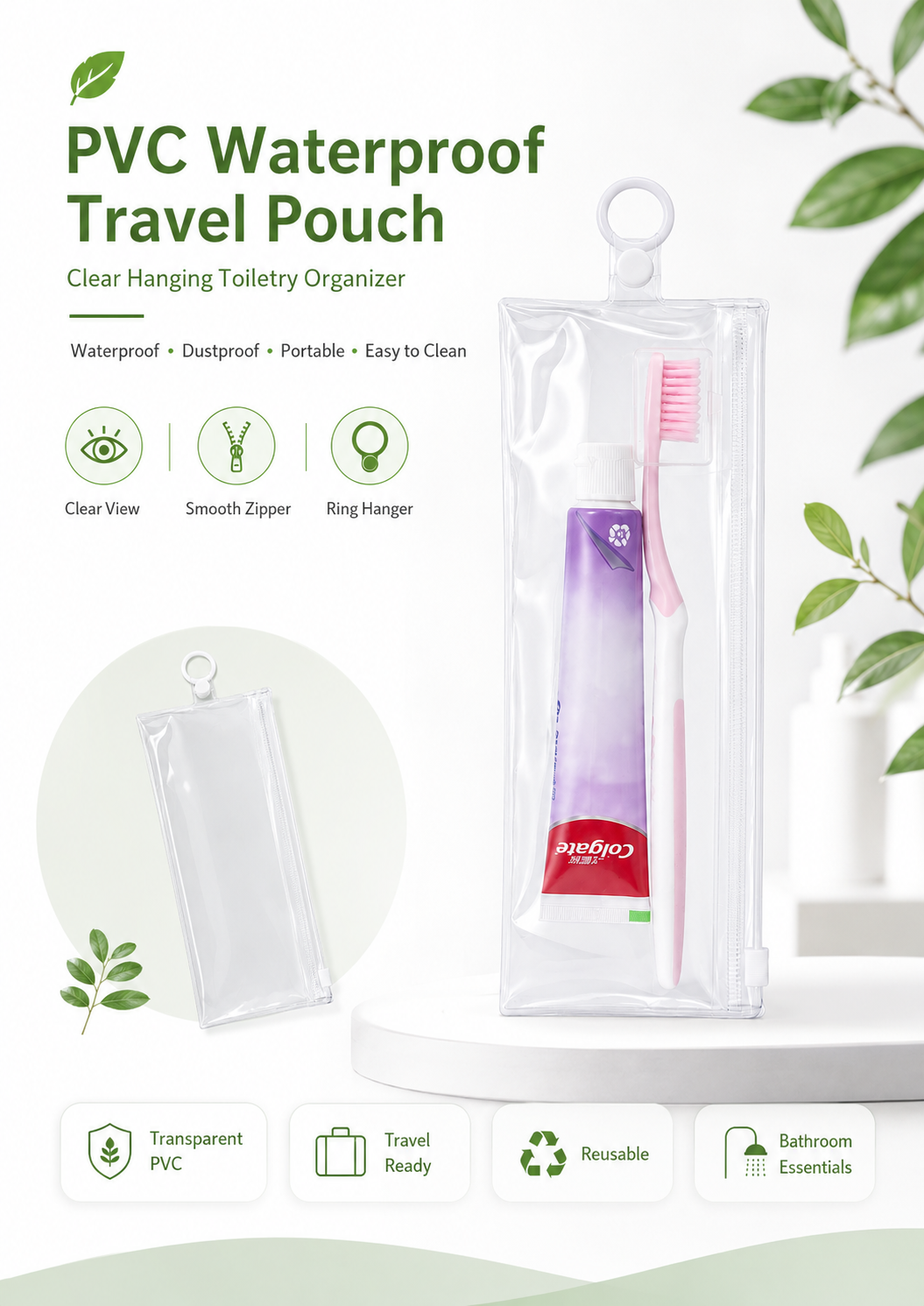 PVC Waterproof Travel Pouch for Toothbrush & Toiletry Toiletries Zipper Pouch