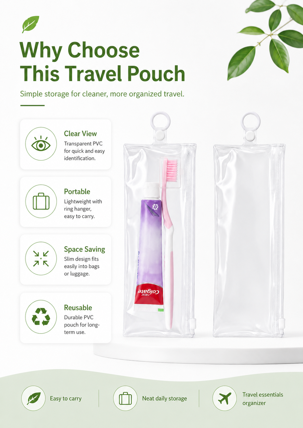 PVC Waterproof Travel Pouch for Toothbrush & Toiletry Toiletries Zipper Pouch