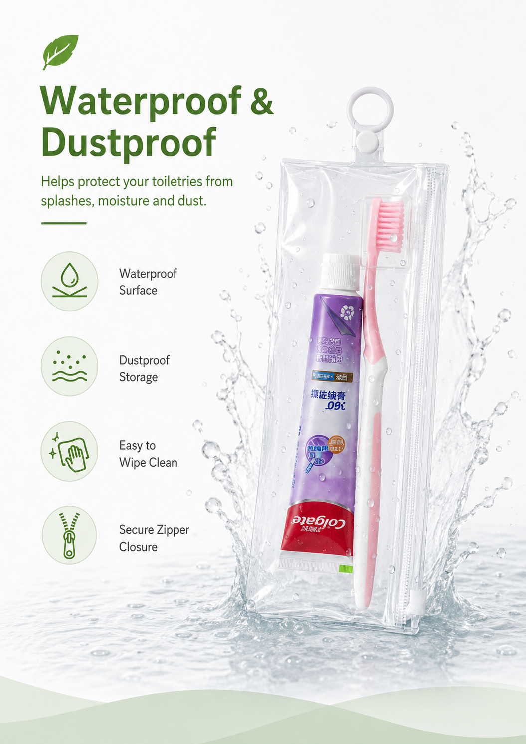 PVC Waterproof Travel Pouch for Toothbrush & Toiletry Toiletries Zipper Pouch