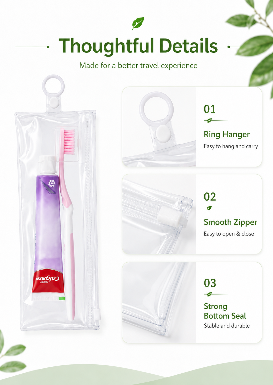 PVC Waterproof Travel Pouch for Toothbrush & Toiletry Toiletries Zipper Pouch