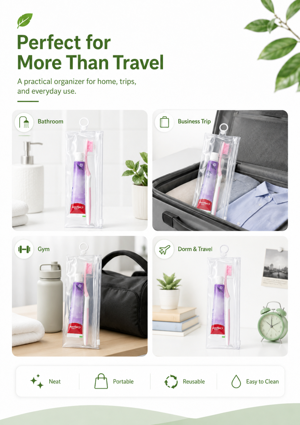 PVC Waterproof Travel Pouch for Toothbrush & Toiletry Toiletries Zipper Pouch