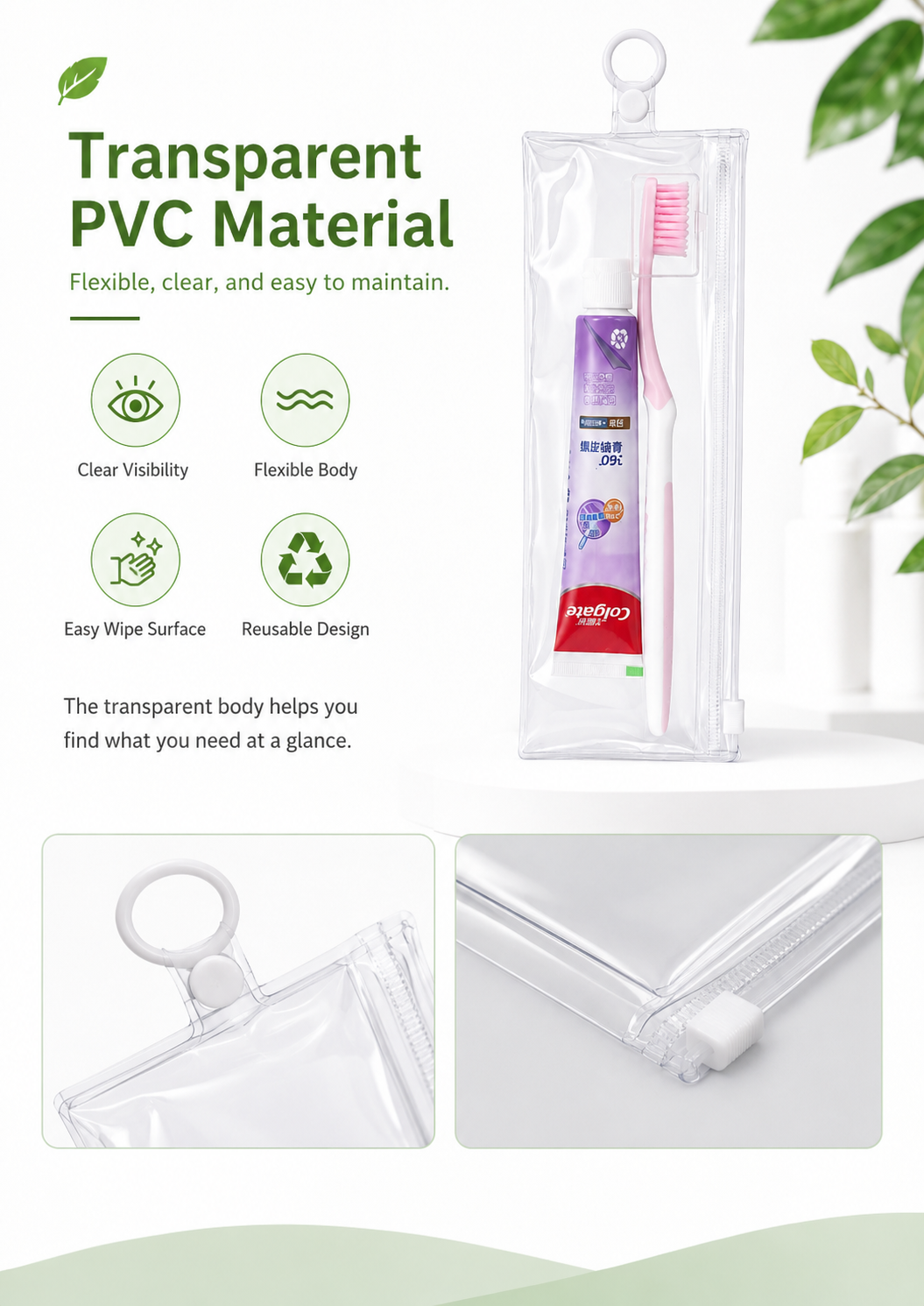 PVC Waterproof Travel Pouch for Toothbrush & Toiletry Toiletries Zipper Pouch