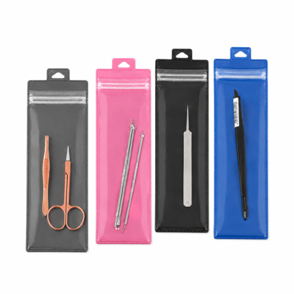 PVC Hanging Hole Zipper Pouch in black pink blue and gray for beauty tools packaging