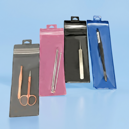 Clear long PVC ziplock bag with hanging hole used for packaging spoons, forks, chopsticks, and office pens.