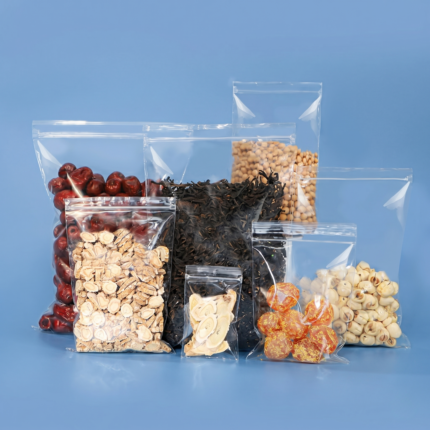 Premium Clear PP Ziplock Bags filled with dried food, tea, and herbs for retail packaging
