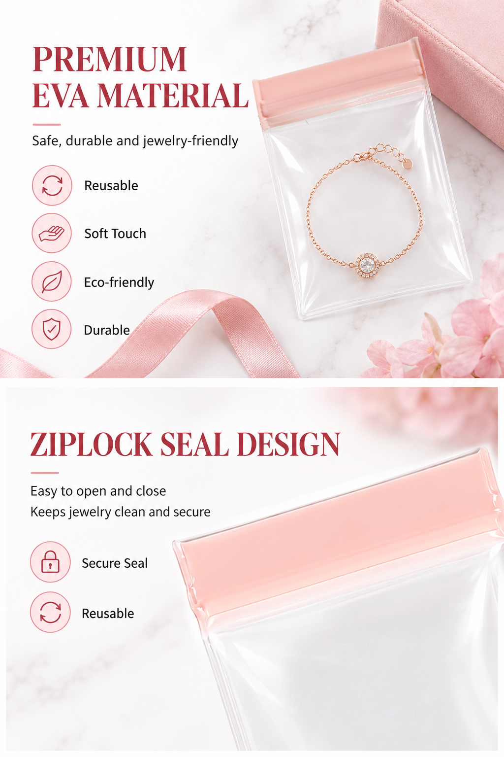 Pink EVA Jewelry Ziplock Bag for Luxury Custom Jewelry Packaging