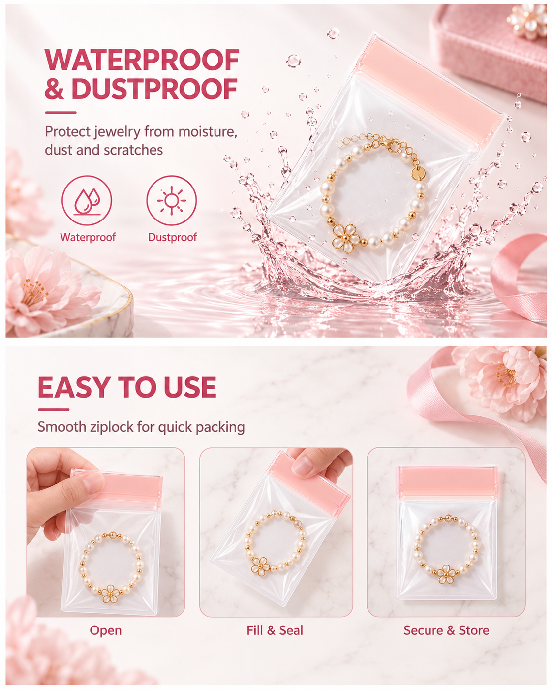 Pink EVA Jewelry Ziplock Bag for Luxury Custom Jewelry Packaging