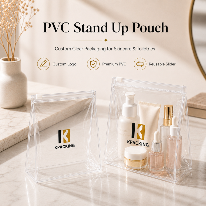 Custom PVC Stand Up Pouch Clear Cosmetic & Toiletry Packaging Bag with Slider Zipper