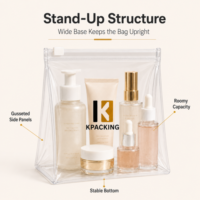 Custom PVC Stand Up Pouch Clear Cosmetic & Toiletry Packaging Bag with Slider Zipper