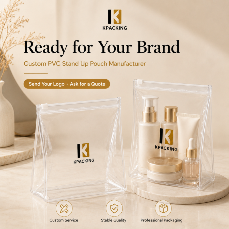 Custom PVC Stand Up Pouch Clear Cosmetic & Toiletry Packaging Bag with Slider Zipper