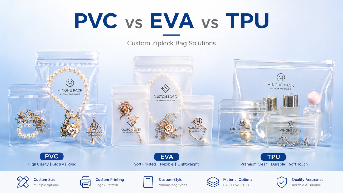 PVC vs EVA vs TPU ziplock bags material comparison for custom packaging