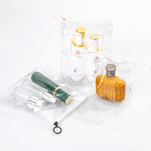 Custom cosmetic packaging bags with clear slider zippers for skincare bottles and beauty products