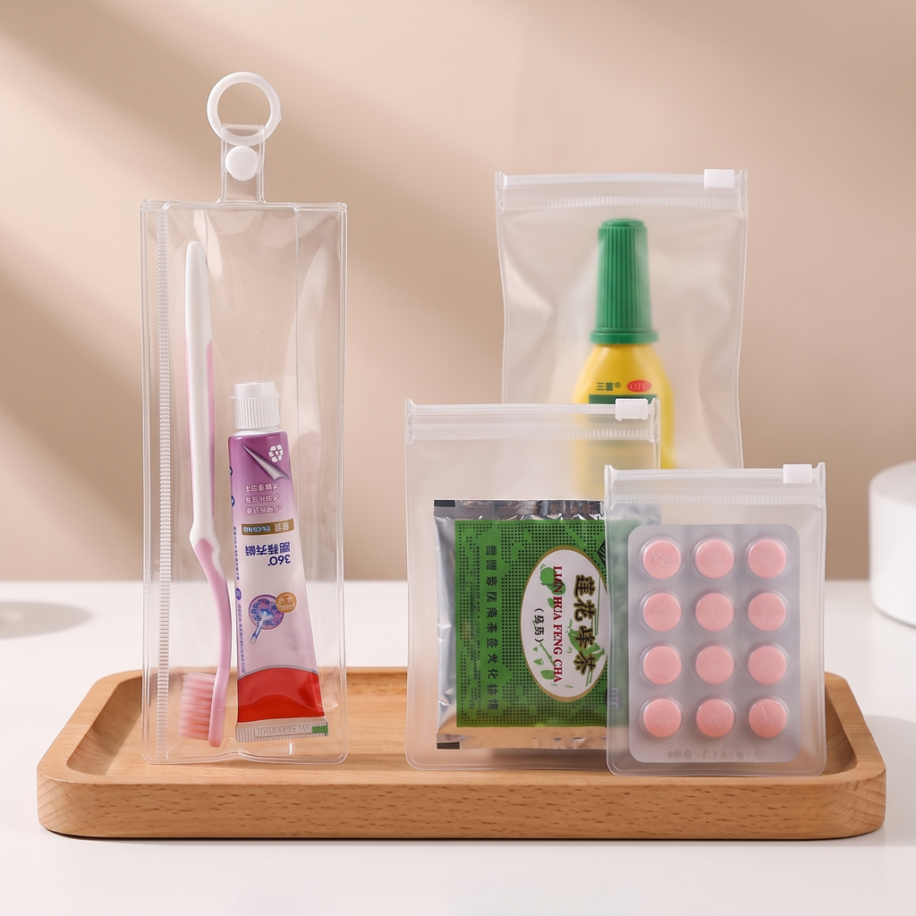 Tas ritsleting perlengkapan mandi PVC bening khusus dan tas ziplock obat EVA buram dipajang di atas nampan kayu.