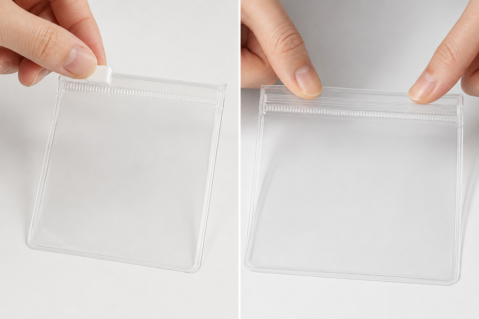 Hands operating PVC slider and press-to-close bags