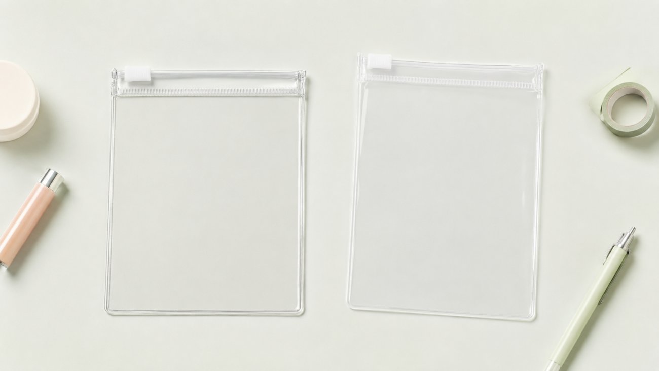 Clear PVC zipper bag and frosted EVA zipper bag compared side by side
