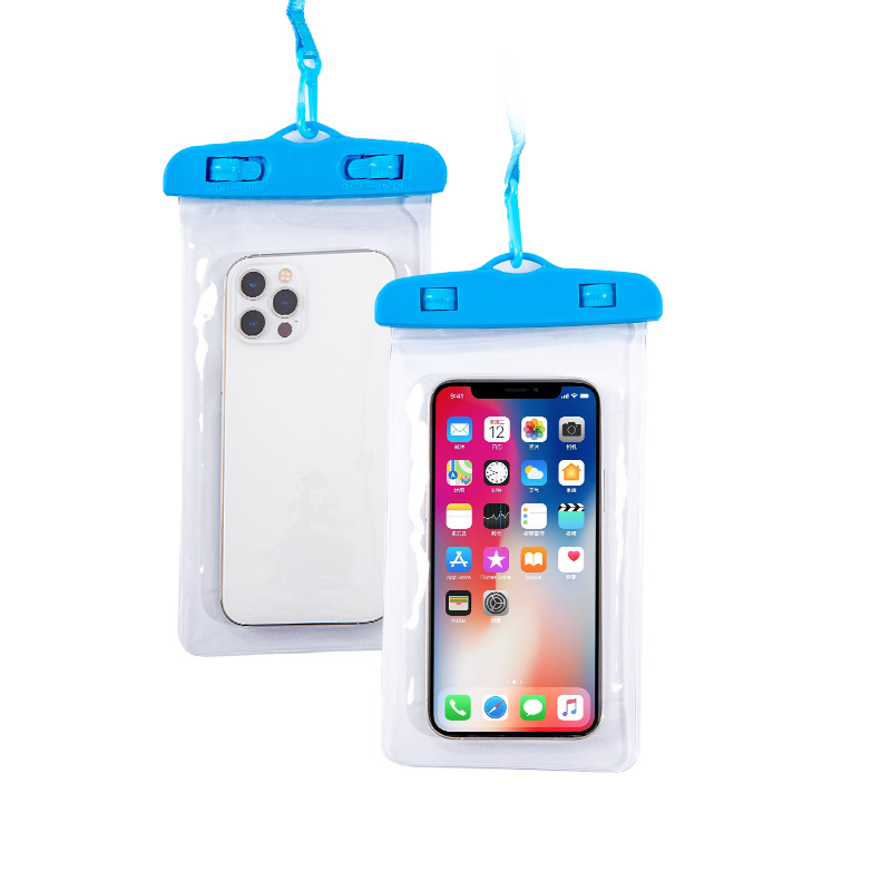 Clear waterproof phone pouches shown with two smartphone sizes