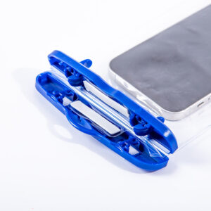 Open phone pouch locking clamp showing its internal sealing structure