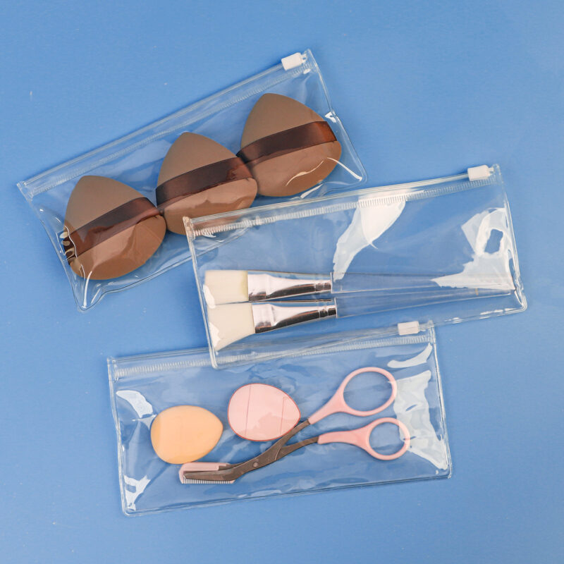 Clear PVC slider zipper bags showing transparent film and welded edges