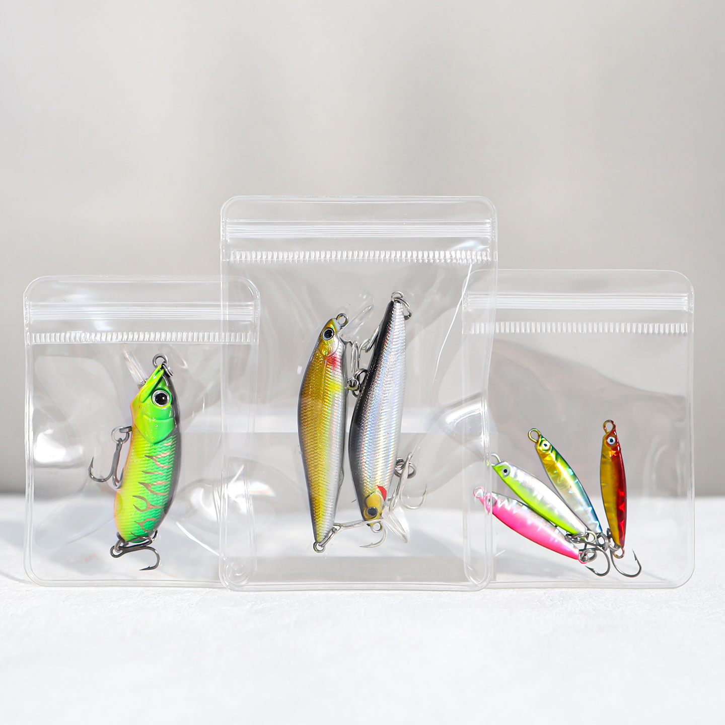Rigid PVC fishing lure packaging bags standing upright