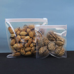 Clear EVA slider zipper bags holding dried fruit and nuts