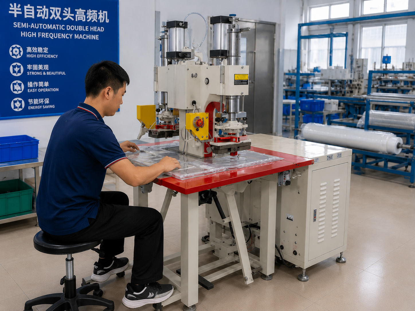 Technician operating a semi-automatic double head high-frequency machine to ensure bag seal consistency.