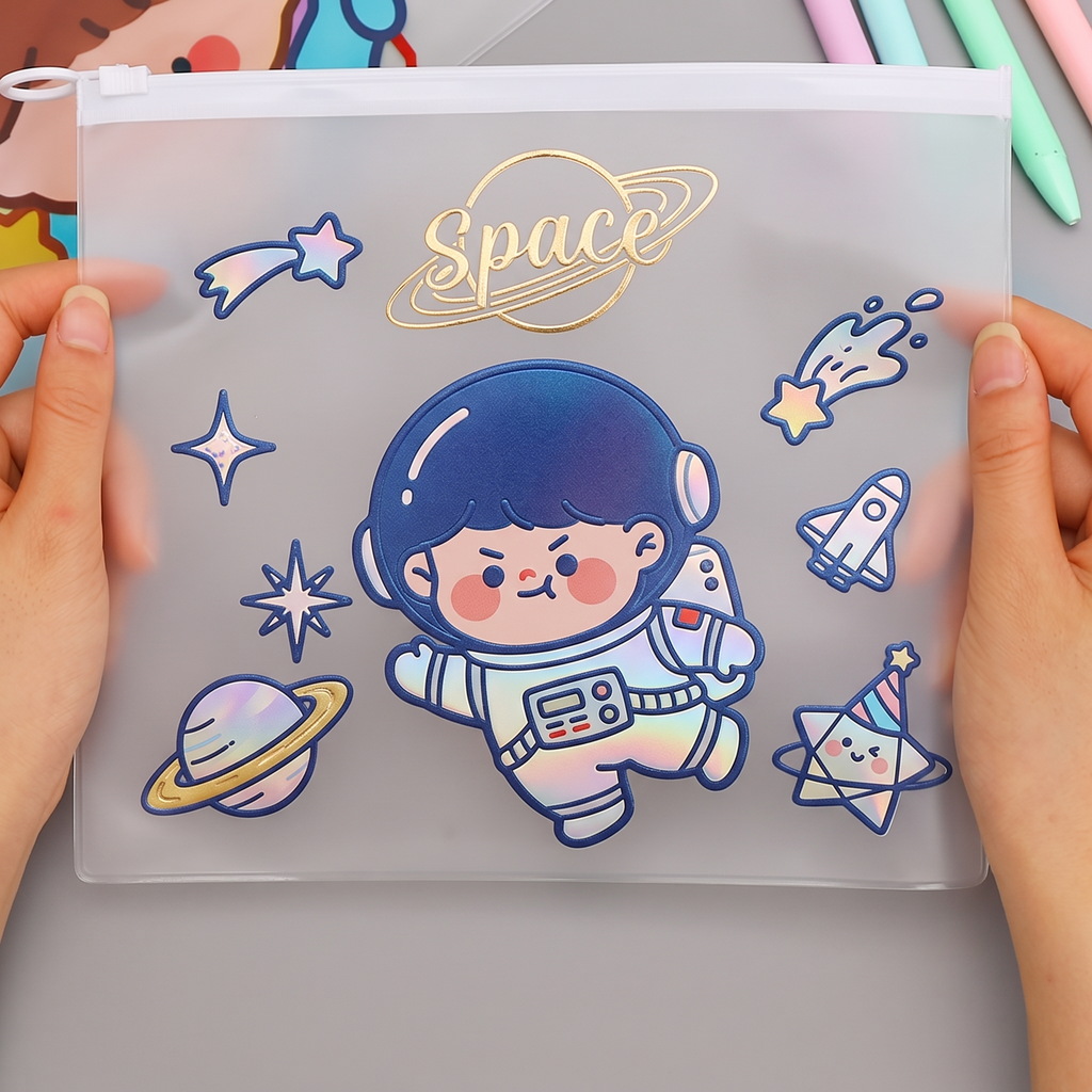 Kantong pensil ritsleting EVA buram khusus dengan cetakan astronot luar angkasa yang dipegang dengan tangan.