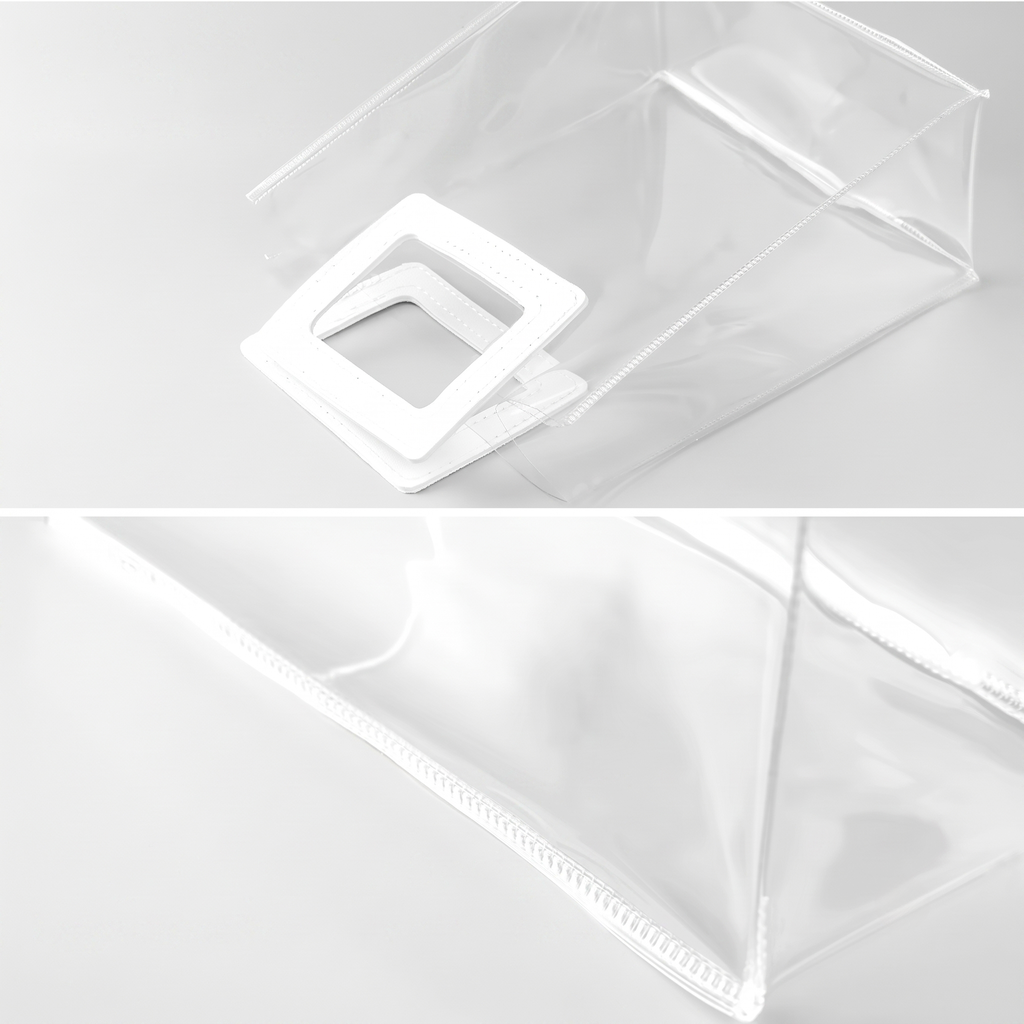 Close up of heat-sealed seams and transparent PVC self-material handles on custom tote bags