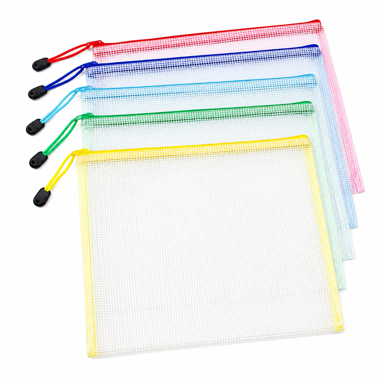 Setumpuk lima kantong alat tulis jala ritsleting PVC warna-warni untuk sekolah, dengan warna merah, biru, hijau, dan pita ritsleting kuning.