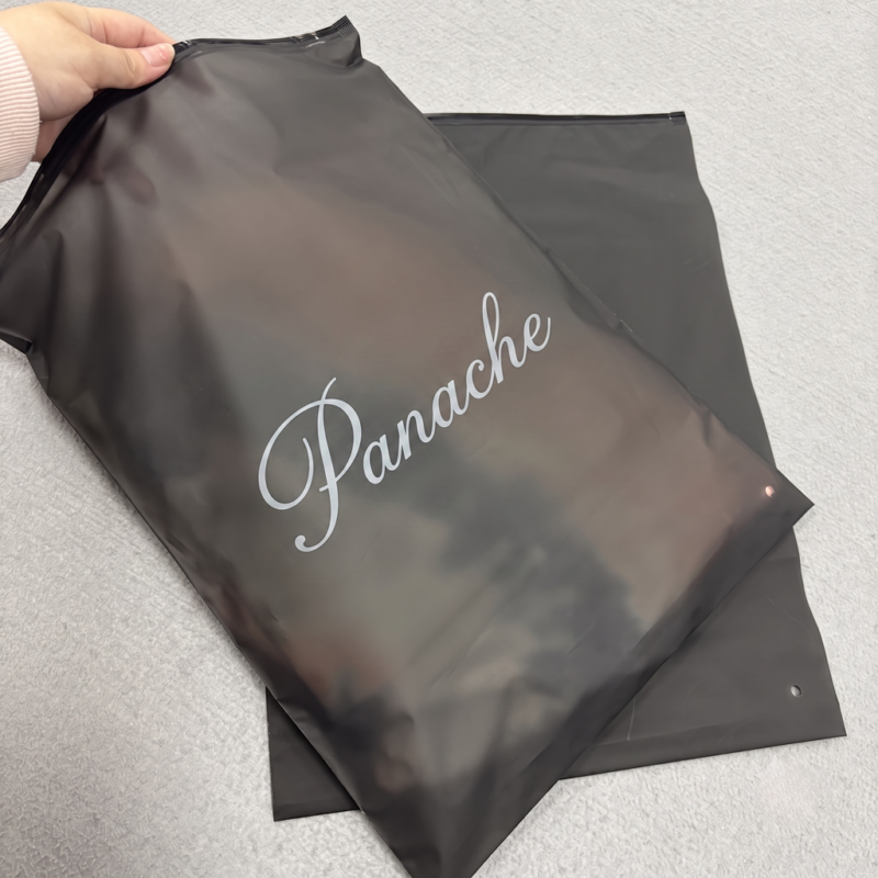 Black frosted CPE clothing zipper bag with custom white logo printing