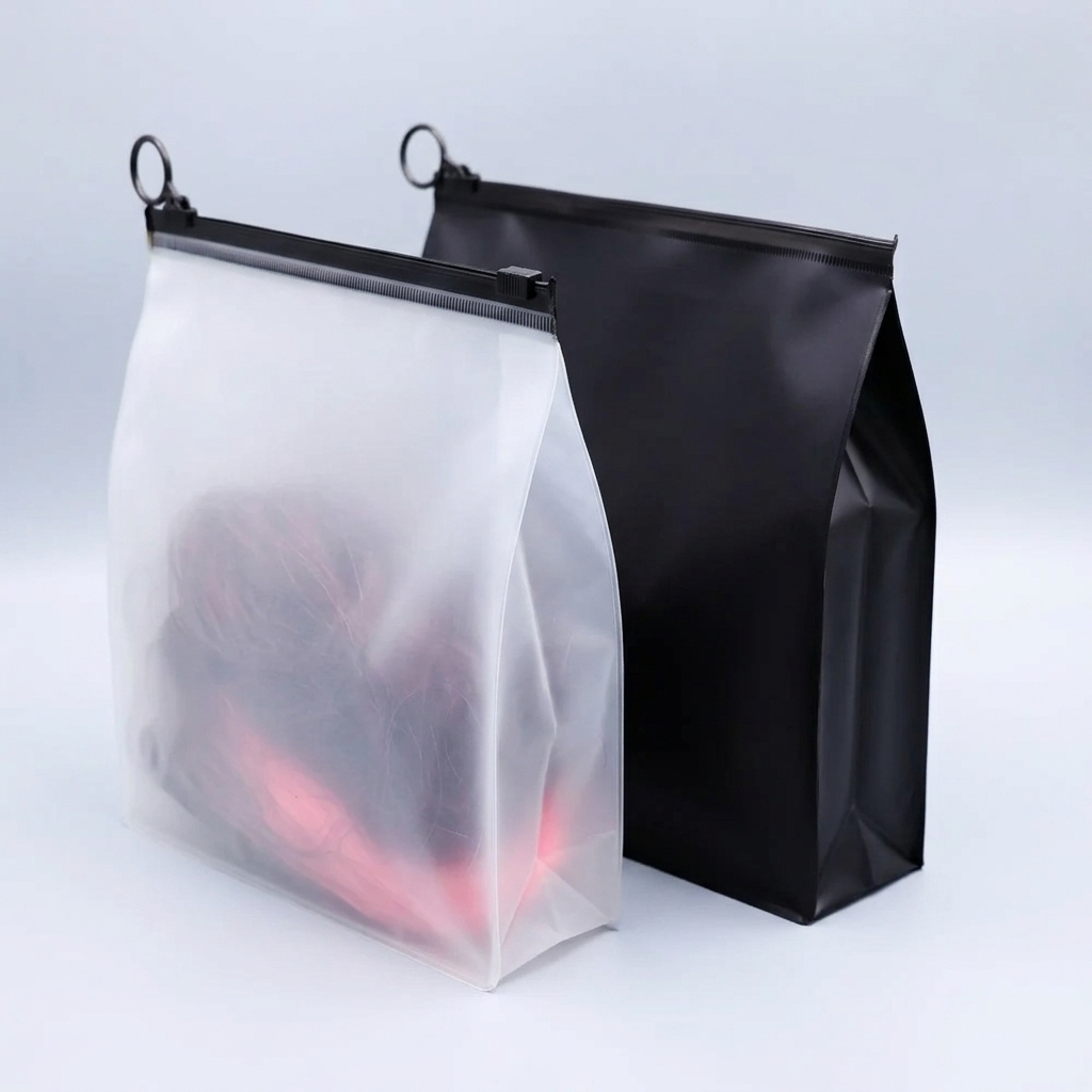 Frosted clear and matte black stand-up poly pouches featuring heavy-duty slider zippers, which require a minimum film thickness of 0.12 mm for structural support.