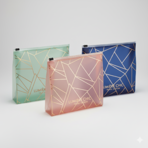 Three premium frosted EVA zipper pouches in pastel colors with gold foil stamping, showing a soft matte finish.