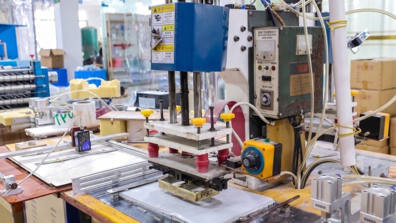 specialized machinery for heat-sealing zippers and punching hang holes on custom plastic packaging.